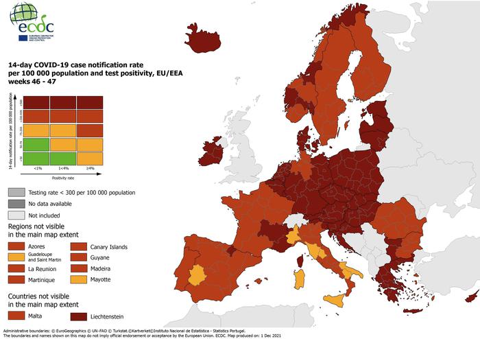 Ecdc, tutta l'Ue rossa,zone gialle solo in Italia e Spagna